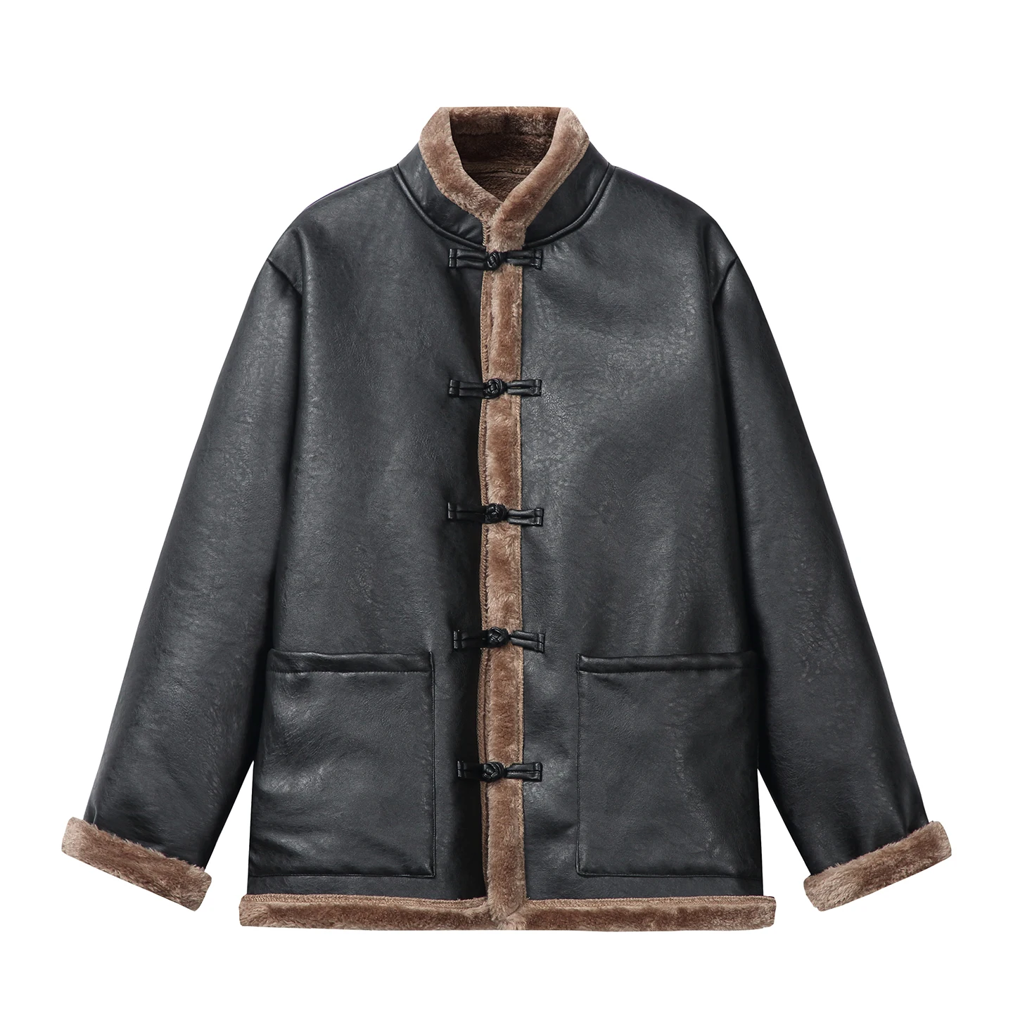 Winter Männer Fleece Jacke Mantel Männer Stehen Kragen Taste Mantel Revers Langarm Gepolsterte Faux Leder Vintage Männer Warme Mantel