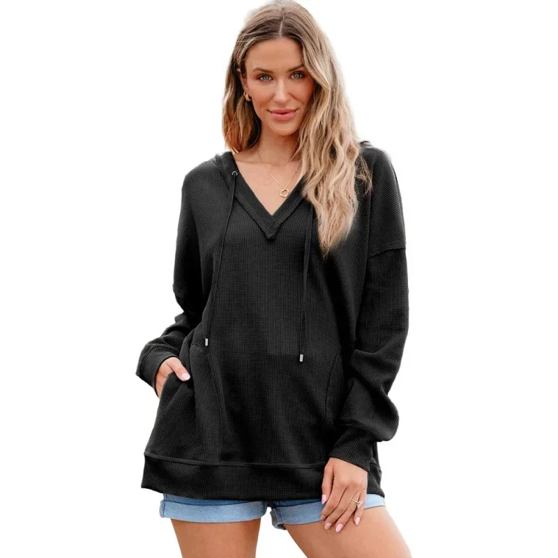 Women's Hooded Oversized Sportswear Casual Long Sleeved V-Neck Drawstring Waffle Knit Top Fashionable Clothes