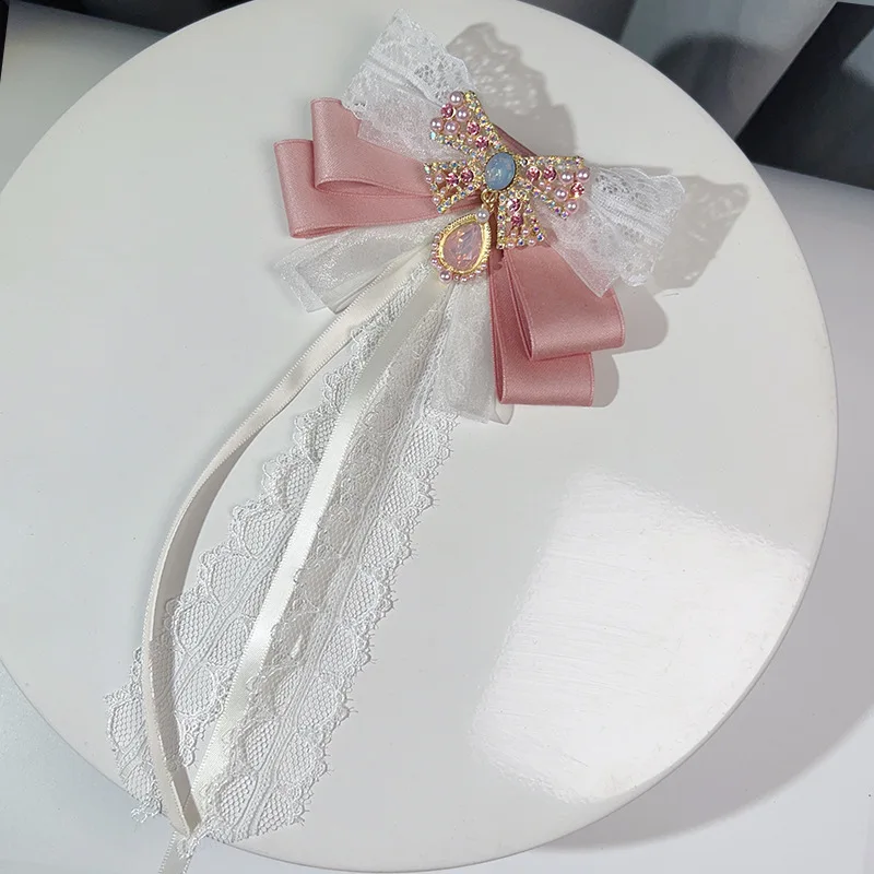 Lace Bow Rhinestone Brooch for Women Ribbon Bowtie Pearl Fashion Shirt Collar Pins Wedding Party Badge Accessories