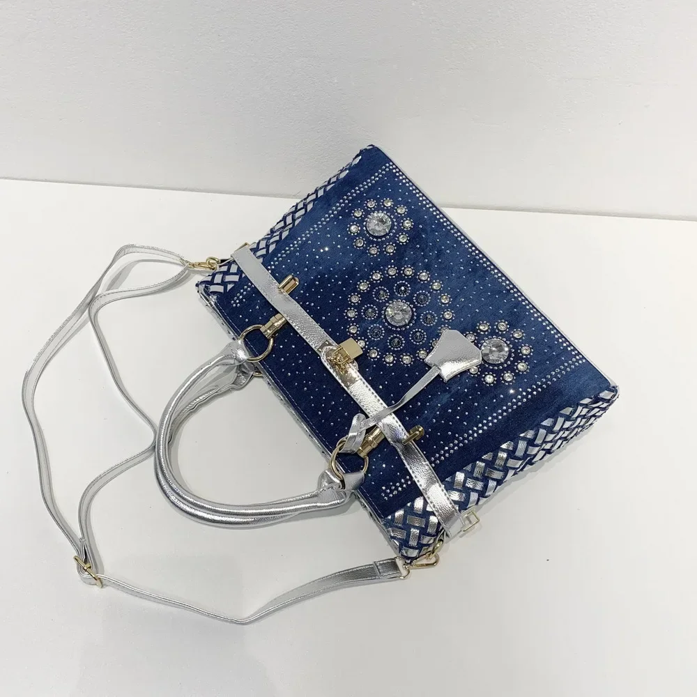 Women\'s Soft Denim Woven Rhinestone Crossbody Shoulder Bag