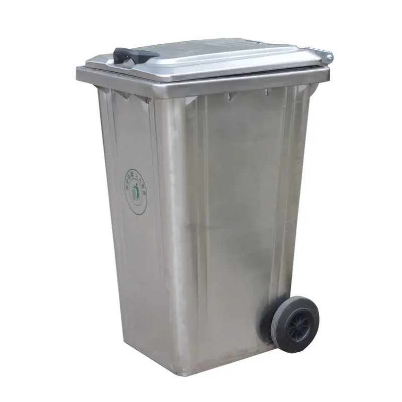 Outdoor 240L stainless steel sanitation trailer garbage bin with wheels, fire-resistant municipal property fruit container