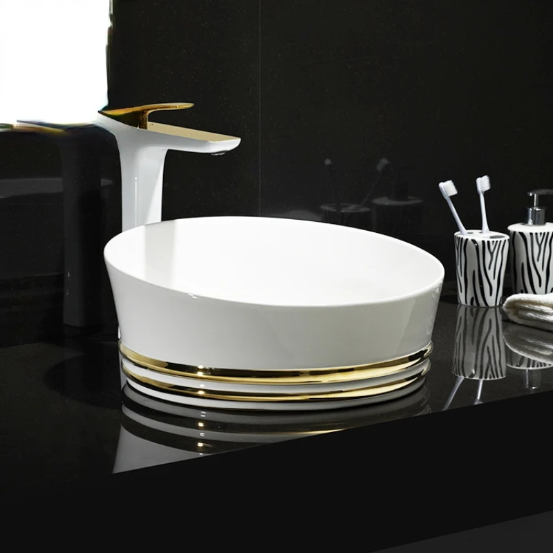 White Gold Luxury Modern Lavabo Washbasin Countertop Ceramic Bathroom Sink Vessel Art Face Hand Wash Basin with Gold Line