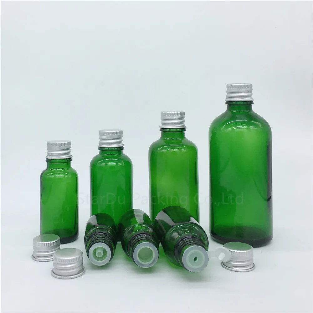 Flacons en verre vert avec couvercle en aluminium, flacons d'huile essentielle, parfum HI, 5ml, 10ml, 15ml, 20ml, 30ml, 50ml, 100ml, 100 pièces