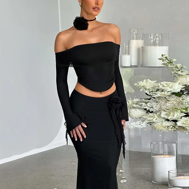 Fashionable Sexy One Shoulder Party Dress Slim Long sleeved Ruffle Edge Decorative Neck Set Tight Open Navel Flower 3D Evening