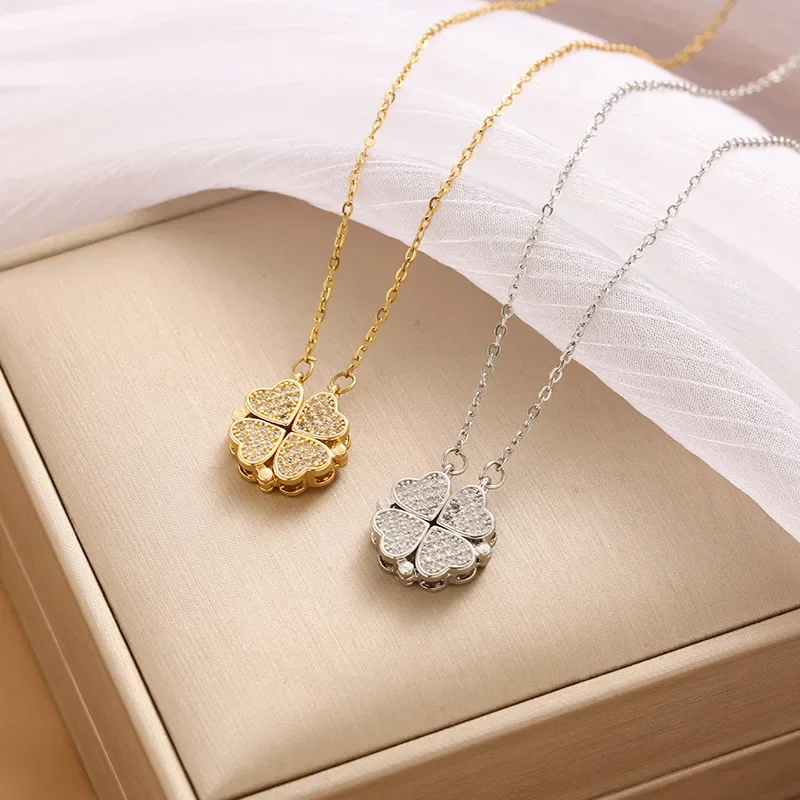 

Two wearing four-leaf necklaces, love inlaid zircon folded collarbone chains