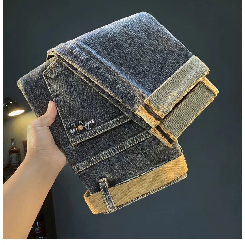 

Высококачественные мужские джинсы 2025 года, осенне-зимние толстые стильные модные повседневные маленькие синие потертые эластичные мужские брюки-шаровары