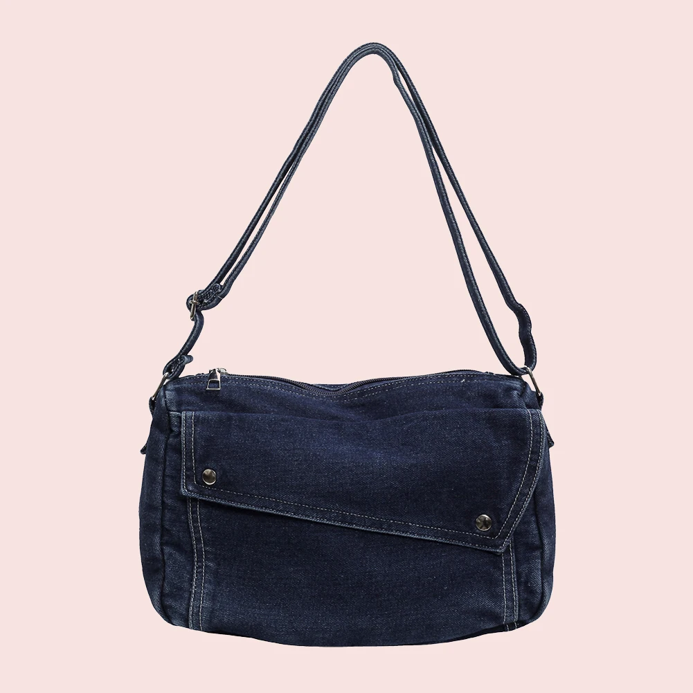 حقيبة كتف من قماش الدنيم كاجوال ريترو للنساء حقيبة ساعي البريد خفيفة الوزن مع حزام قابل للتعديل حقيبة يد جمالية عبر الجسم