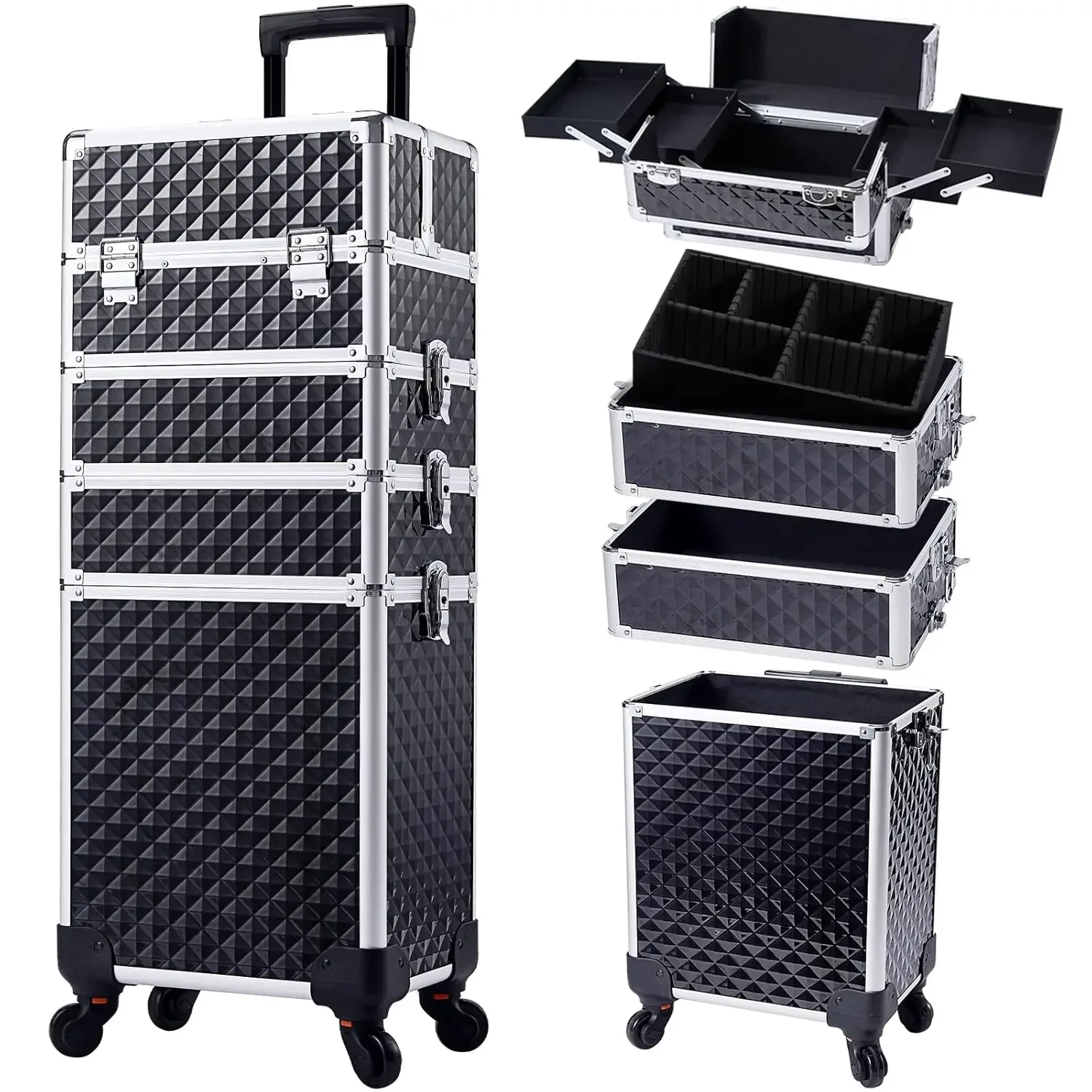 Rolling Makeup Train Case Large Storage Cosmetic Trolley 4 in 1 Large Capacity Trolley Makeup Travel Case with Key