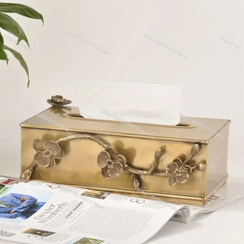 Creative Brass Plum Tissue Box, European Modern Relief Craft Golden Metal Handwork Paper Towel Organizer Home Decoration