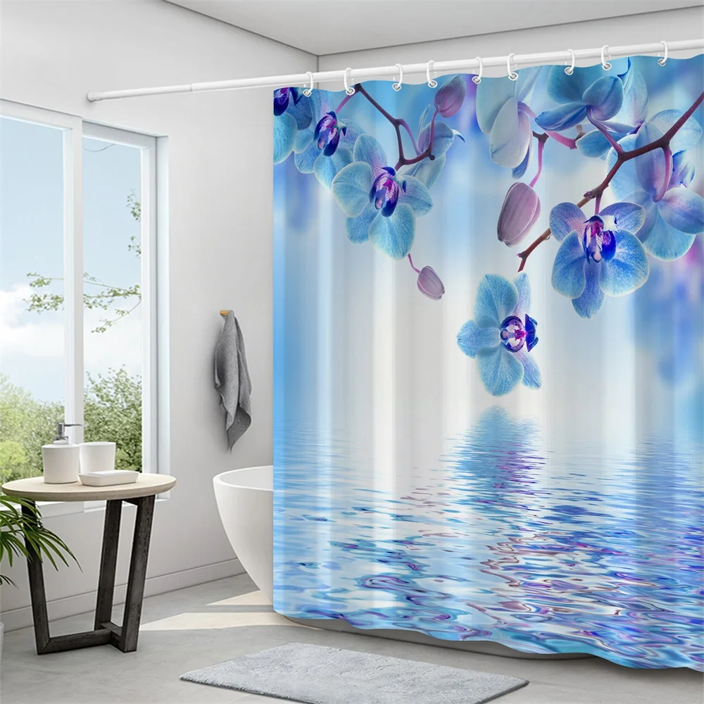 1PC, water blue flower, modern home bathroom waterproof shower curtain, 12 plastic hooks, 71in*71in