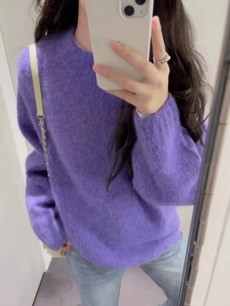 Haute Purple Mohair Loose Thickened Soft Lazy Style Plush Top Soft Knitted Sweater For Women