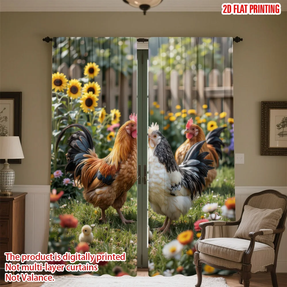 

2D flat printing 2pcs Curtains Chickens in Floral Garden Digital Printed Polyester Drapes All Season Party & Holiday Decor for