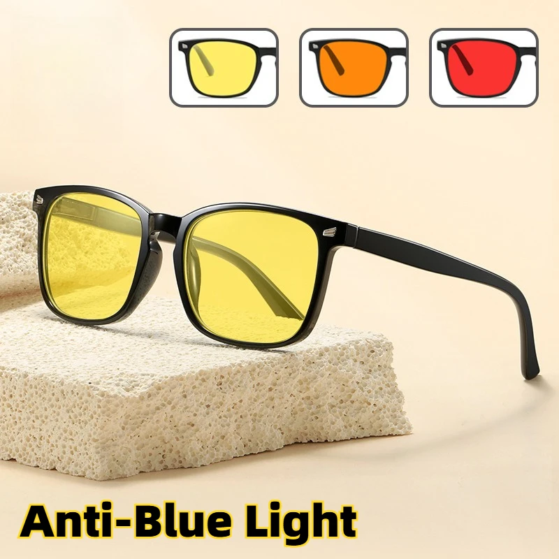 Anti-Blaulicht-Brille mit quadratischem Rahmen, orange/rote Gläser, Unisex, klassische Fahr-Nachtsichtbrille, Augenschutzbrille