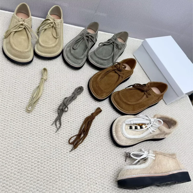 New Autumn Winter Casual Flat Shoes Retro Round Toe Shoes Lace-up Thick Sole Cow Suede Women Shoes Sapato Feminino