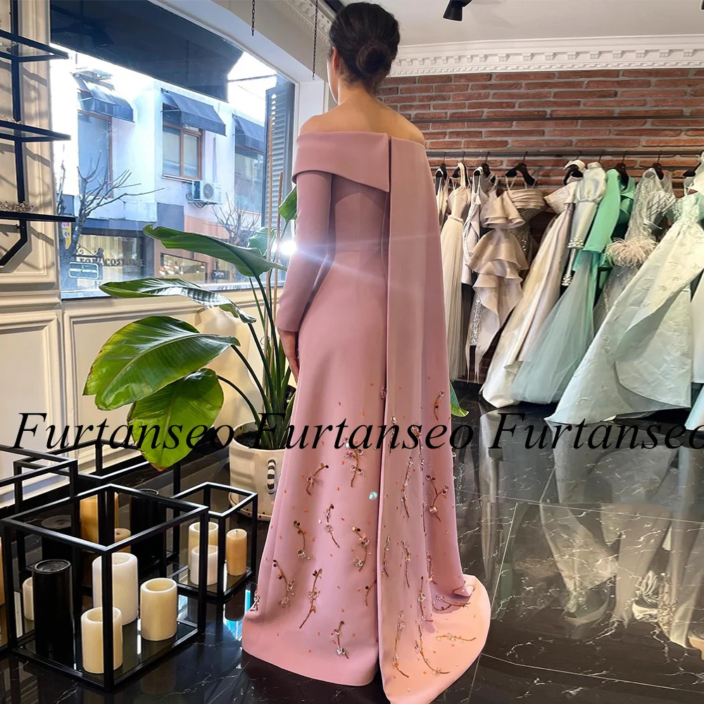 Fashion Prom Dress Saudi Arab Party Gown Customized Long Sleeve Beading Pearls Formal Evening Dresses with Cape Robe Soiree