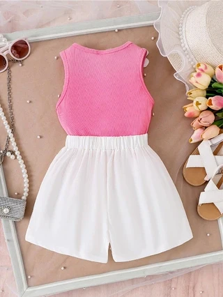 Rosa geripptes Tanktop für Mädchen, 2-teiliges Set, ärmelloses 3D-Blumentop mit floral verziertem, plissiertem Skort, Kinderoutfit – Detail 2