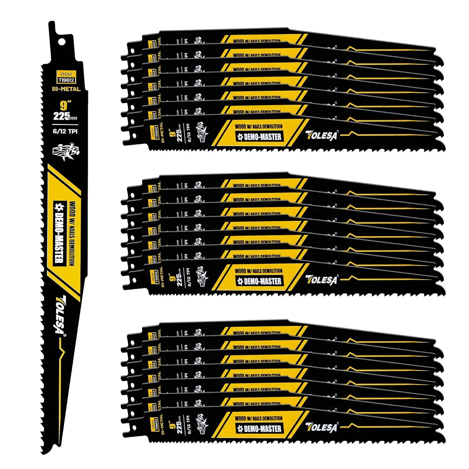 

9-Inch 6/12 TPI Reciprocating Saw Blades for Wood and Nail-Embedded Demolition, 25-Pack Bi-Metal Blades for Fast Smooth Cutting