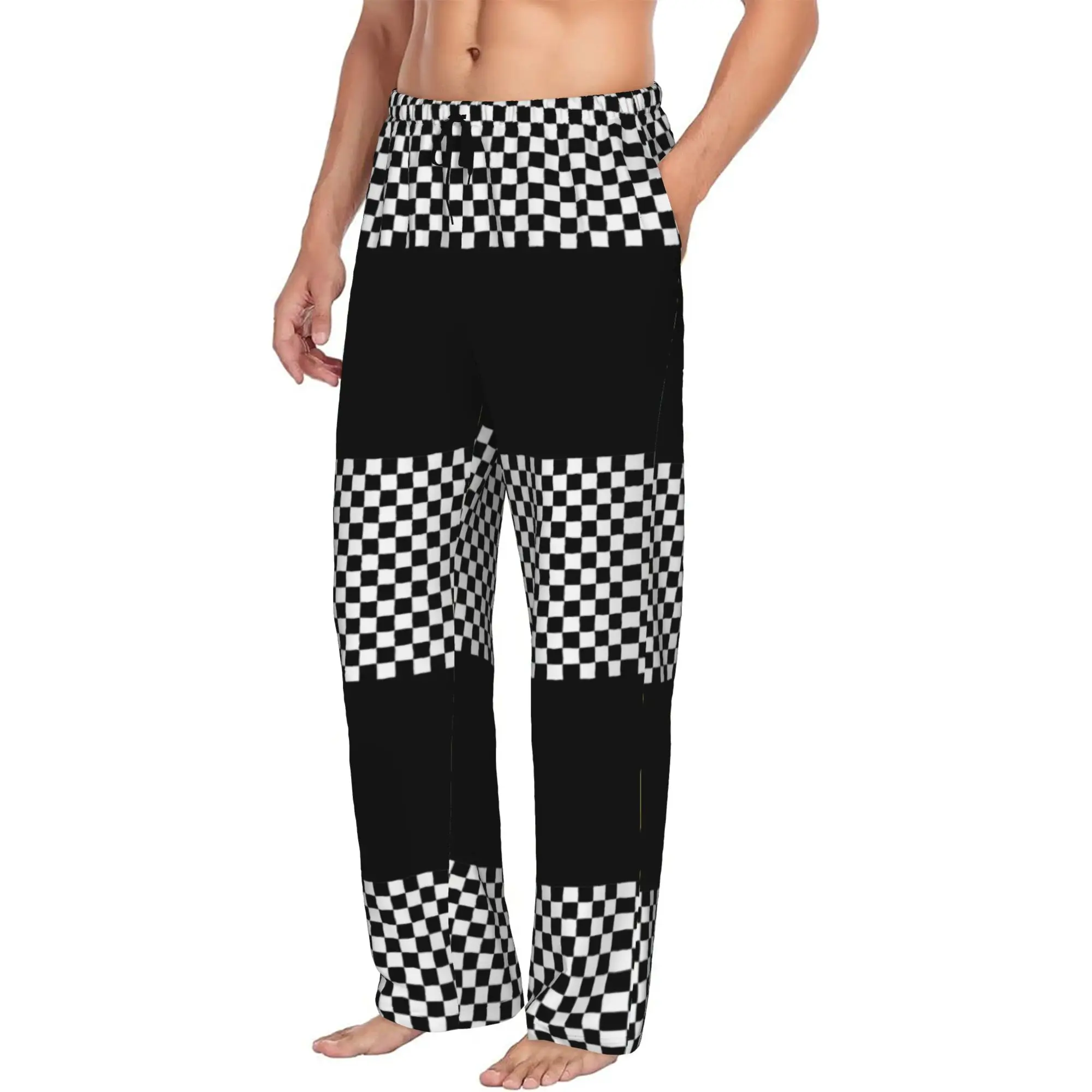 Custom Black And White Checkered Pajama Pants Men's Checkerboard Pattern Sleepwear Lounge Sleep Bottoms Stretch with Pockets