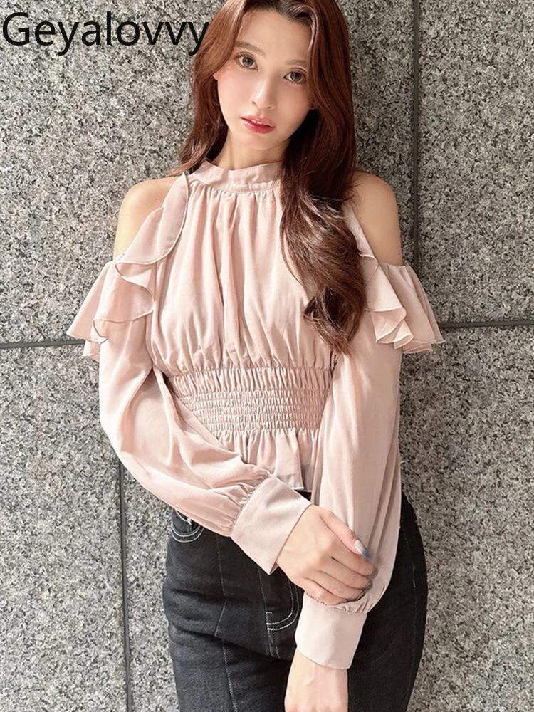 

2026 Spring New Japanese Style Ruffled Bow Tie Long Sleeve Top Sweet Girls Versatile Waist-Cinching Off-Shoulder Short Blouse