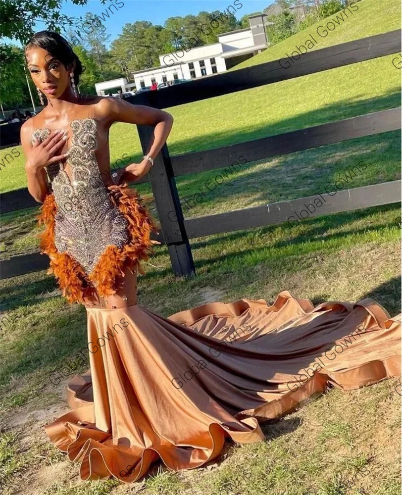 Brown Ostrich Feather Long Prom Dress for Black Girl Luxury Silver Bead Crystal Diamond African Birthday Party Gown Customized image 4
