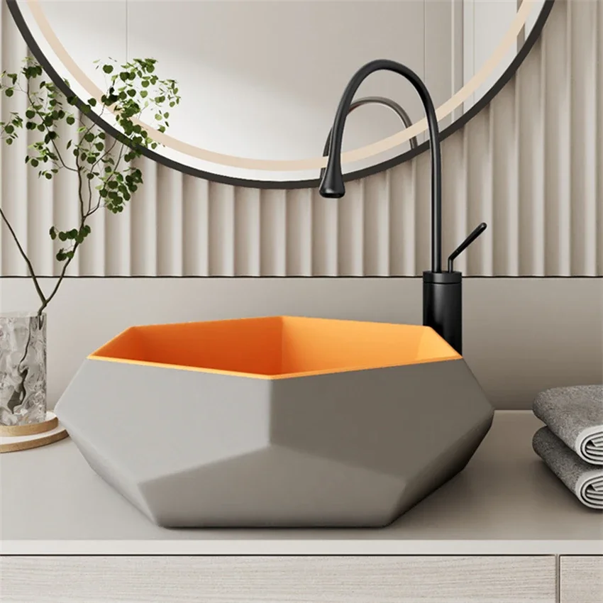 Nordic Creative Countertop Basin Hexagonal Washbasin Balcony Art Basin Ceramic Single Basin Countertop Sinks With Faucet Drainer