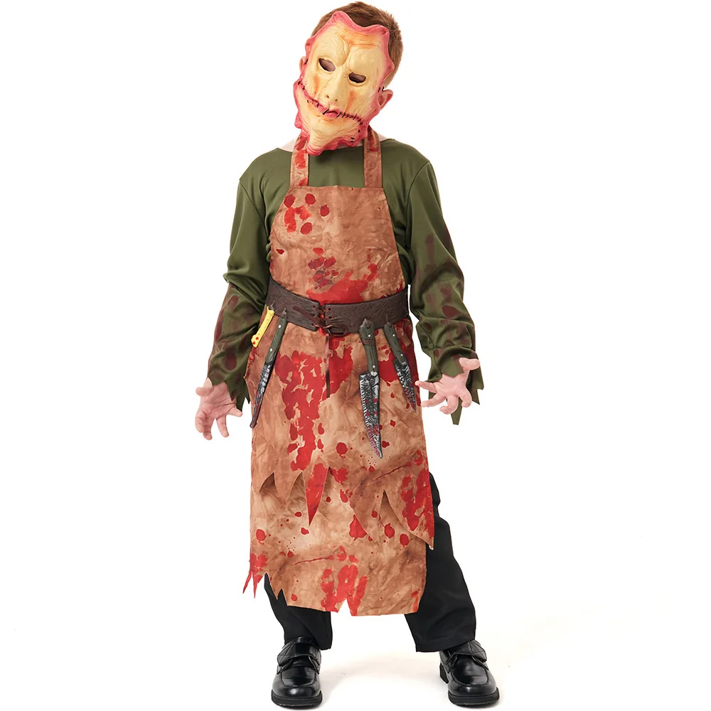 Toddler Scary Cooking Chef Apron Mask Butcher Knife Set Kids Halloween Bloody Butchers Costume For Boys Girls