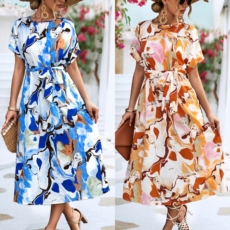 Frauen Langes bedrucktes Kleid mit Schärpen Mode Schlank Chiffon O-Ausschnitt A-Linie Loses Kleid Elegante weibliche Feiertage Strandkleider