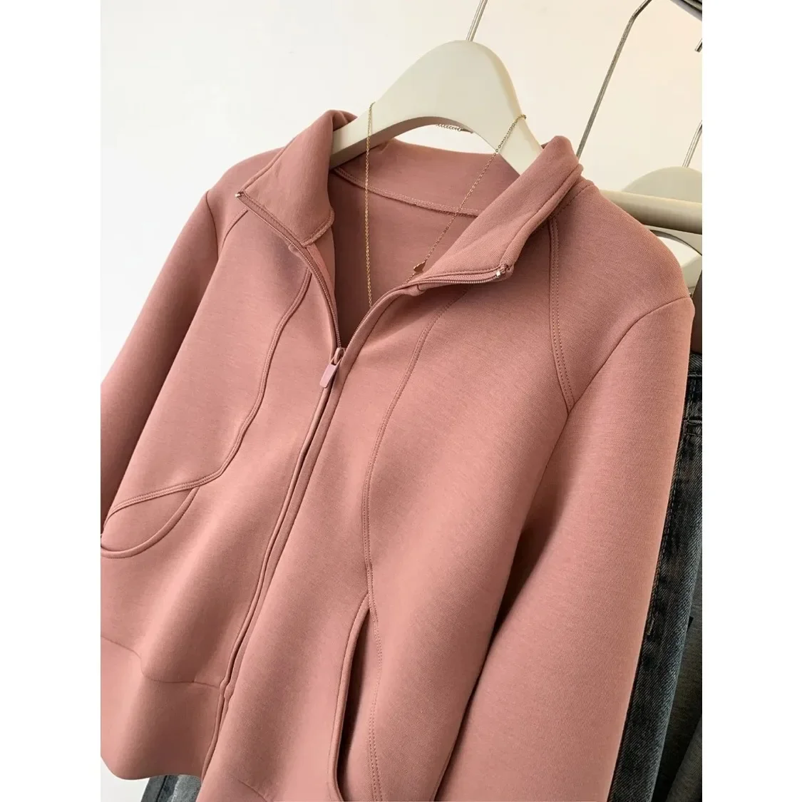 Large Standing Neck Zippered Cardigan Long Sleeved Hoodie Jacket Women Ins Loose and Versatile Top for Spring and Autumn Seasons