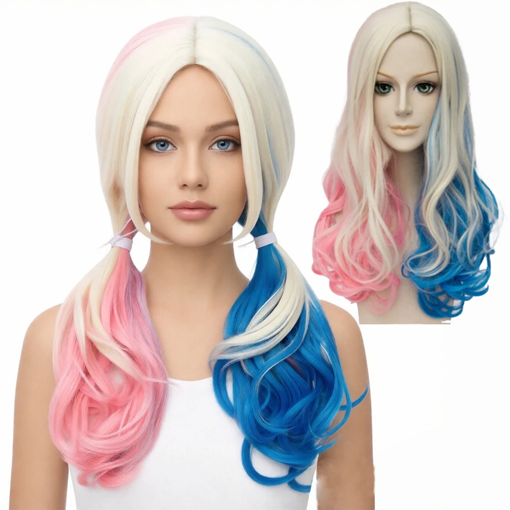 Joker Cosplay Wig for Women Long Curly Wigs In A Gradient of Pink Blue and White Heat-Resistant Synthetic Fiber Halloween Wig