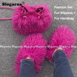 Women's Fashion Sets Fur Slippers Fur Handbags Woman Luxury Faux Fur Set Slides Furry Bag Purse Wallet Indoor Shoes Plus Size 49