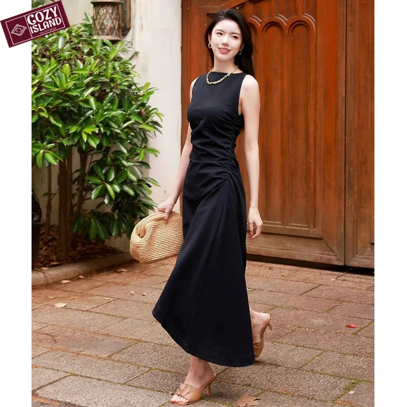 

Summer Strapless Long Dresses Sleeveless Women Elegant Dress Retro Folded Adjust Waist Slim Casual Temperament Commuting Clothes