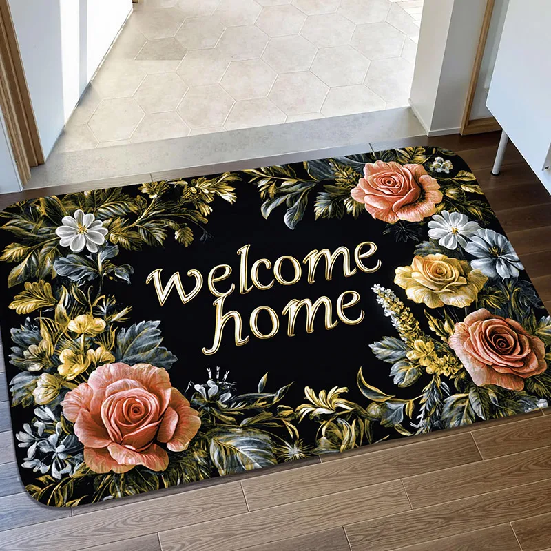 

1 piece of soft and comfortable retro floral flannel home mat, absorbent floor mat, bedroom floor mat, living room small carpet