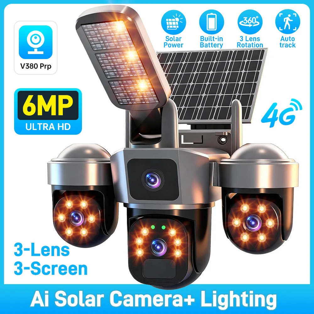 

6MP Auto Tracking PTZ Solar Camera Outdoor Wireless, Human Detection PIR WiFi IP Camera with Siren, 2K Solar Powered CCTV