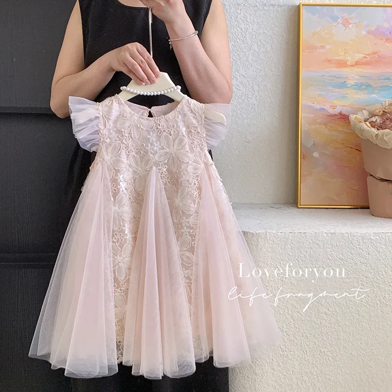 

Girls Dress Summer 2025 Korean Girls Small Flying Sleeves Three-dimensional Flower Princess Bow Mesh Dress