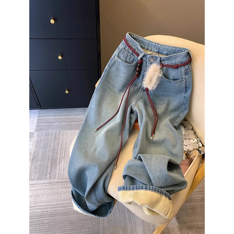 Light Blue Women's Jeans Winter New Korean Style Plush Warm Straight Leg Pants Casual Zipper High Waist Slim-looking Trousers