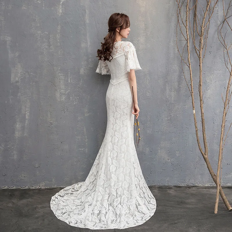 Gaun Pengantin Putih Mewah Model Mermaid untuk Wanita, Pemotretan Sederhana, Renda V-neck, Vestidos Novias Boda, Gaun Pesta Pernikahan