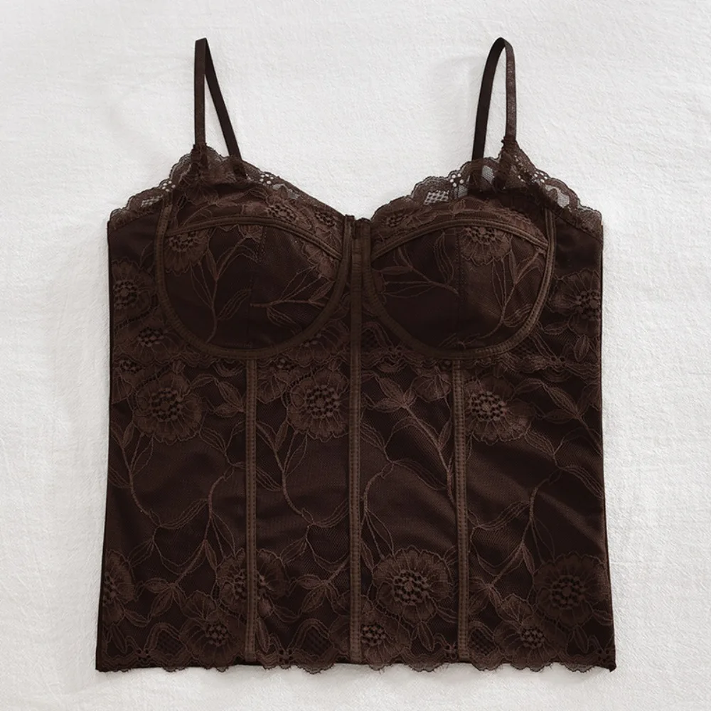 

Mesh Flower Slim Lace Crop Top Bottoming Shirt Fish Bone Lines Girl's Vest Top Sweet Spicy Girls Style Camisole with Pads Women