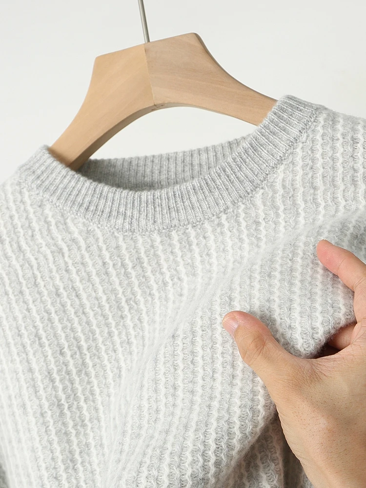100% suéter de lã merino para homens, gola redonda, pulôver grosso, caxemira, jacquard macio, mangas compridas, cor sólida, tendência, roupas quentes