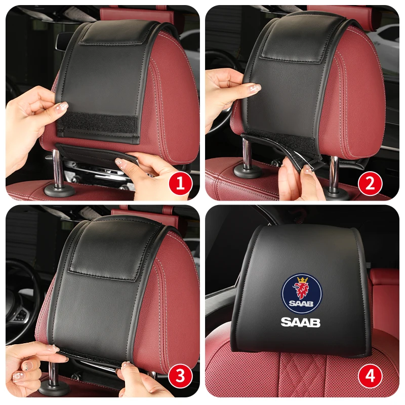 2PCS Leather Car Seat Headrest Protective Cover Accessories For SAAB 9-3 9-5 93 9000 900 9-7 600 99 9-X 97X Turbo X Monster 9-2X