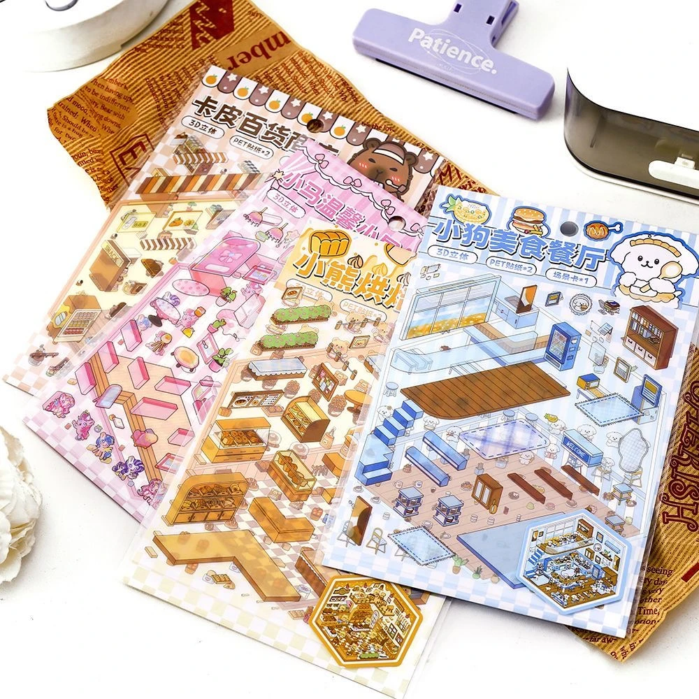 بالجملة! 3D PET ملصق المناظر الطبيعية لطيف الكرتون جيب المشهد DIY المقصورة ملصقات التراص حساب اليد هدية للطفل الطفل