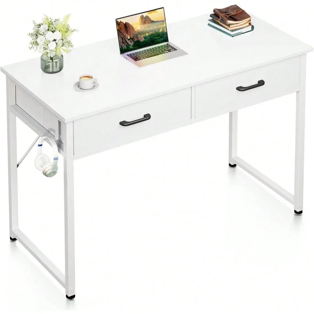

40 Inch Small Office Computer Desk With 2 Drawers & Headphone Hook - Compact Writing Desk For Home Office, Study Or Work,