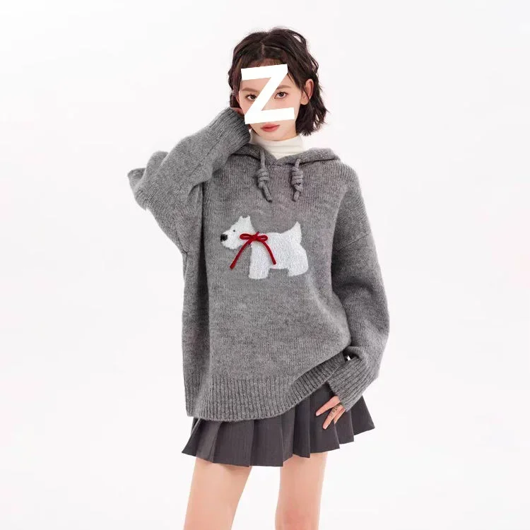 Grey High-End Feel Small Dog Hooded Pullover Knit Sweater Women's Winter Thickened Autumn/Winter Petite Inner Sweatshirt Jacket