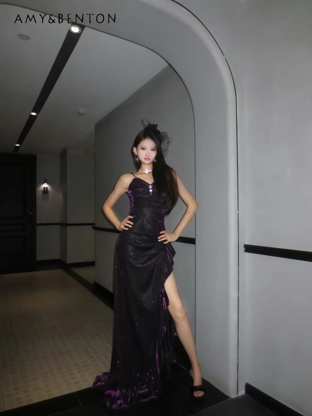 

2026 New Summer Dark Gothic Black Purple Shiny Split Mermaid Dress Sexy Bodycon Evening Gown with Silver Necklace Accessory