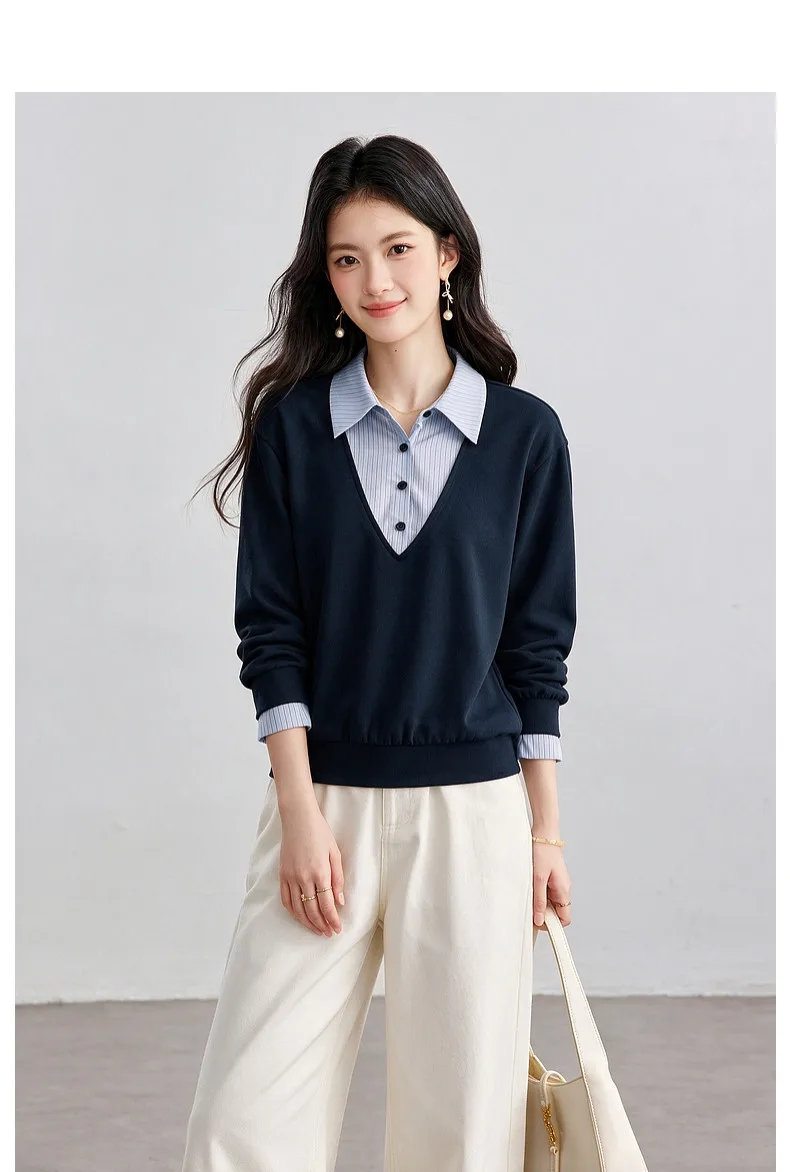 VIMLY Fake Two-piece Striped Collar Sweatshirt for Women 2026 Autumn Coffee Color Commute Casual Loose-fit Female Pullover A7577