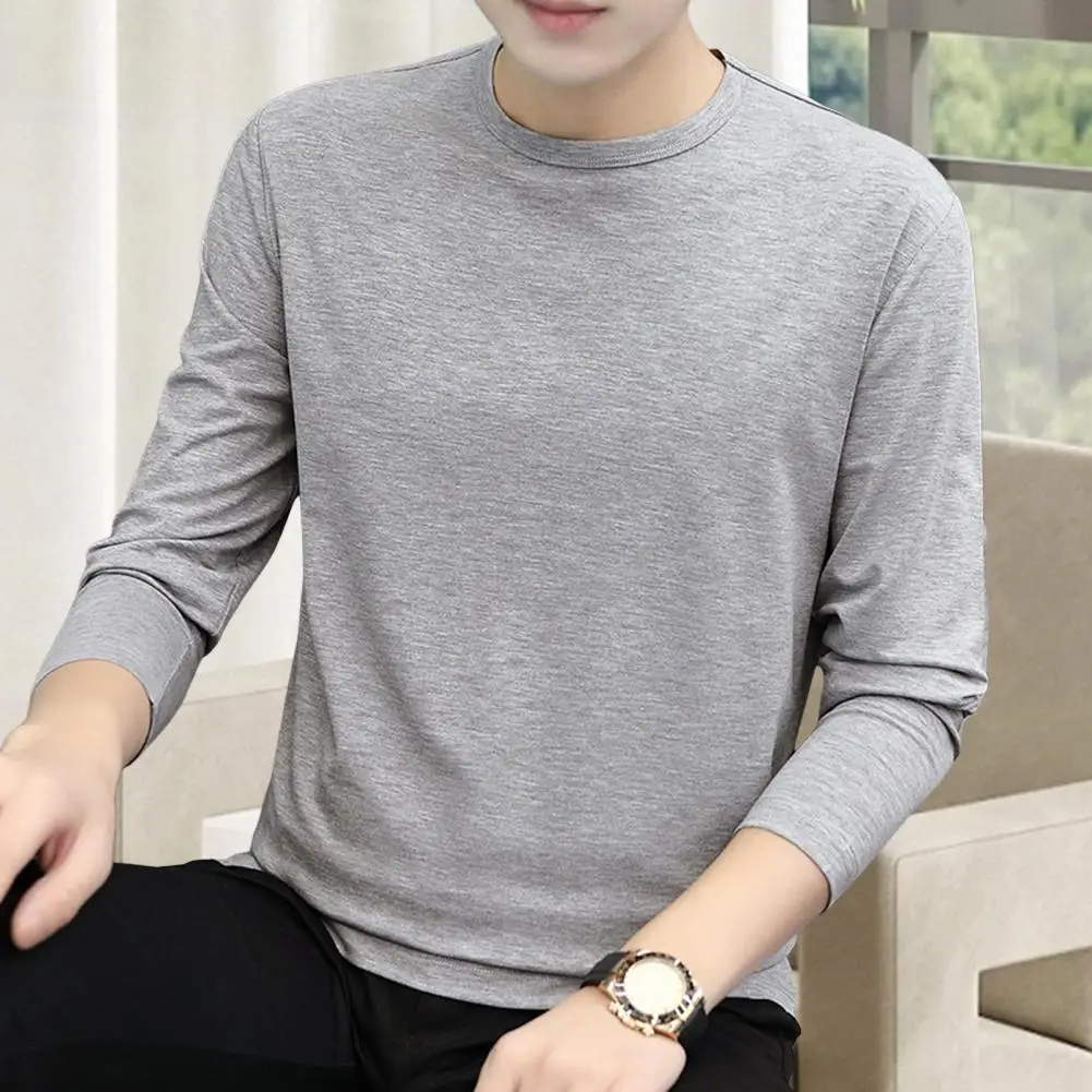 Spring And Autumn Men's Fitness Top Slim Round Neck Stretch Long Sleeve Solid Color Pullover Fitness Top