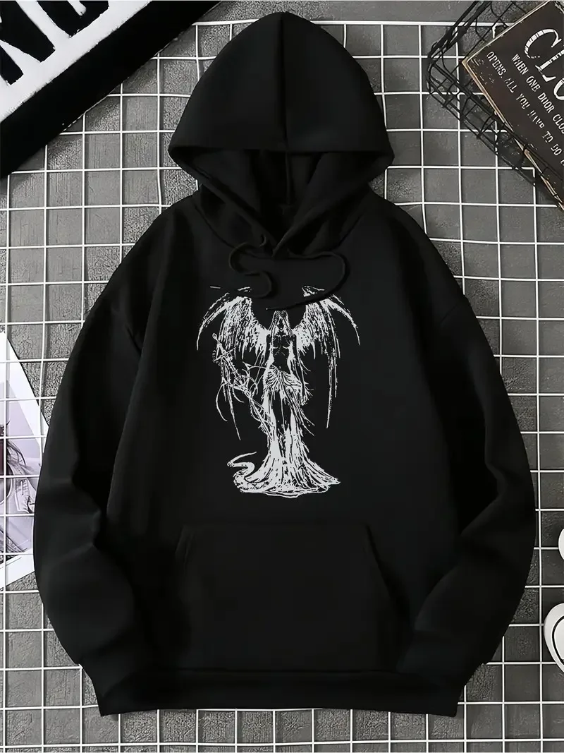 Sudadera con capucha para hombre, moda urbana de otoño e invierno, estampado de ángel gótico, sudadera informal de moda juvenil.