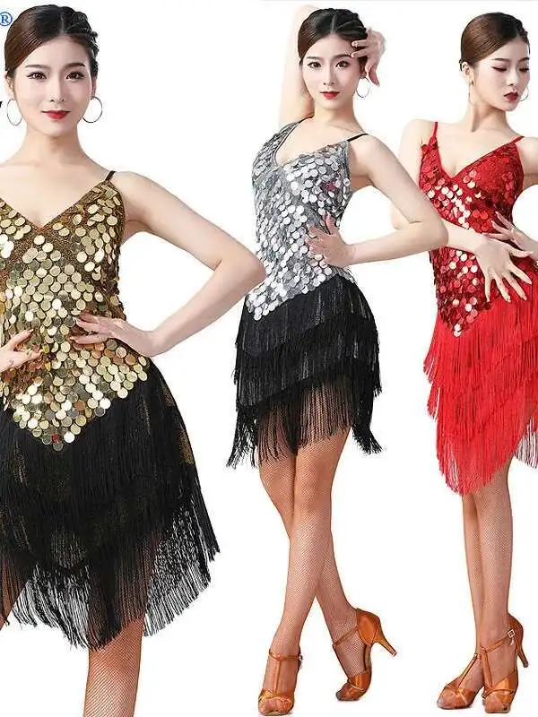 

Ballroom Dance Sequin Tassel Skirt Stage Performance Suspender Dress Latin Dance Competition Performance Dress