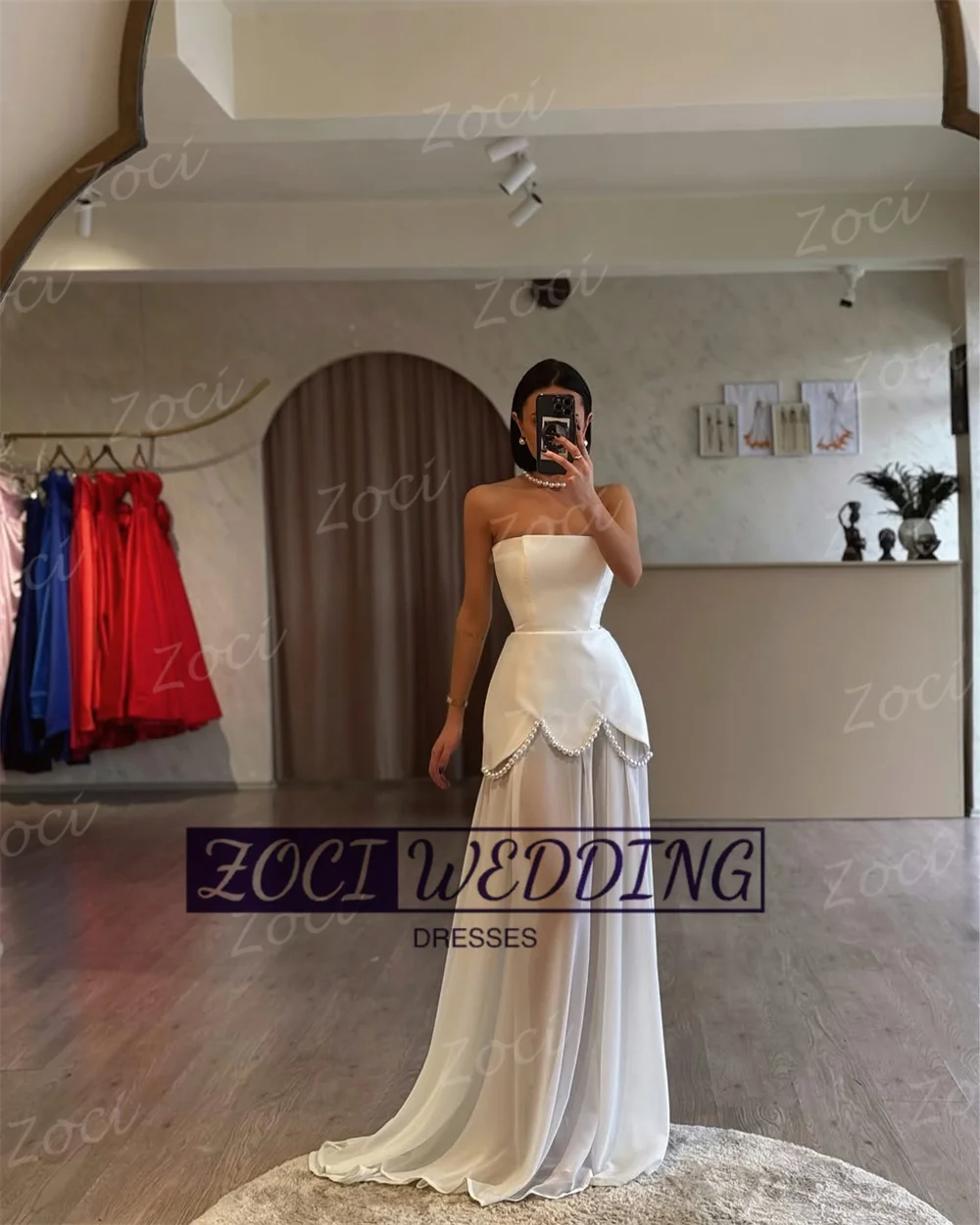 Zoci Modern Strapless Prom Dressess Pearls Beaded Backless A Line Chiffon Special Occasion Evening Gown Women Wedding Party Gown image 2