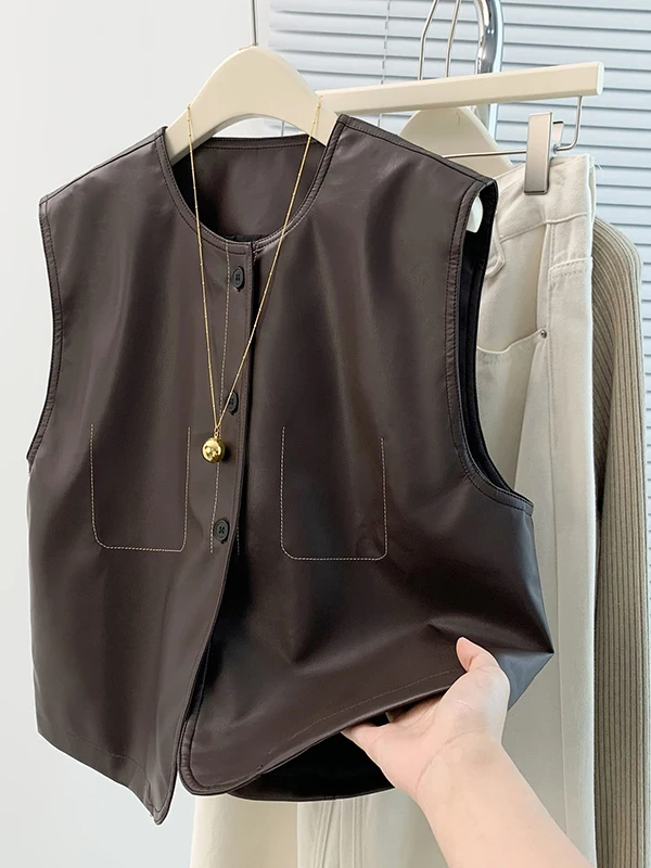 

Loose Fit round Ne Single Button PU Leather Vest Faionable Autumn Outerwear Ele Commute Sle Color Design
