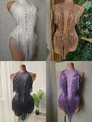 Mono elástico de manga larga con diamantes de imitación para mujer, traje Sexy para fiesta de cumpleaños, vestido de celebración, atuendo de espectáculo de bailarina